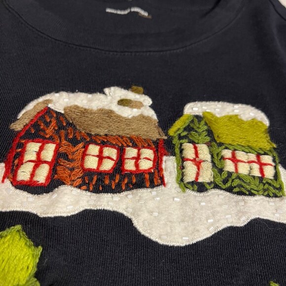 Michael Simon Vintage Y2K Christmas Embroidered Houses M Beaded Shirt Womens - Picture 7 of 11